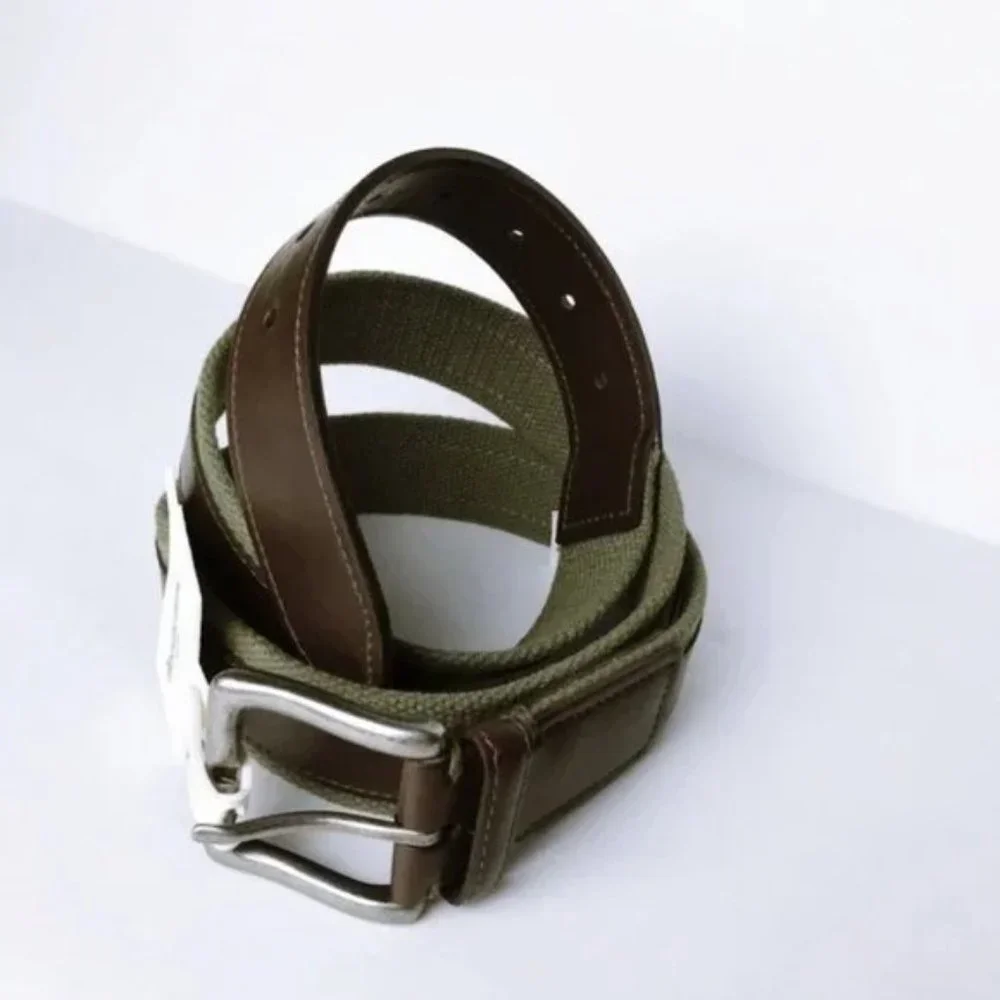 Goodfellow & Co. Men's 35mm Faux Leather Olive Web Belt With Overlay - Picture 2 of 4